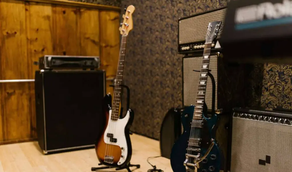 bass and guitar displayed together