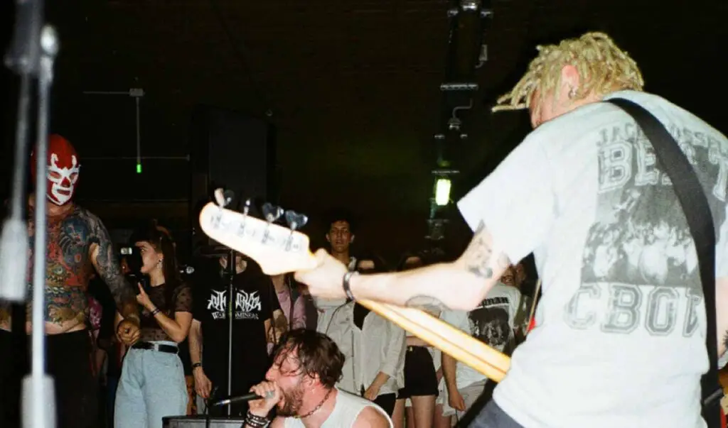 bassist playing 4-string in front of crowd