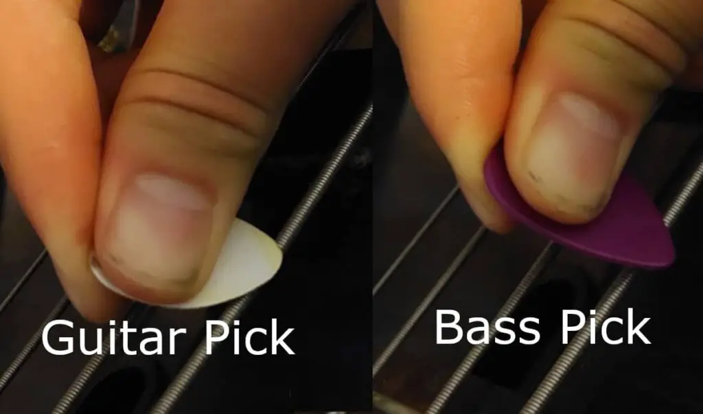 guitar pick and bass pick being used on bass e-string