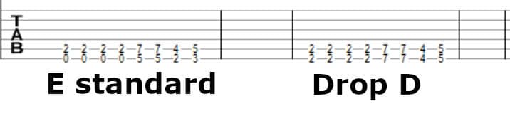 metal riff tab for guitar in e standard and drop d tuning