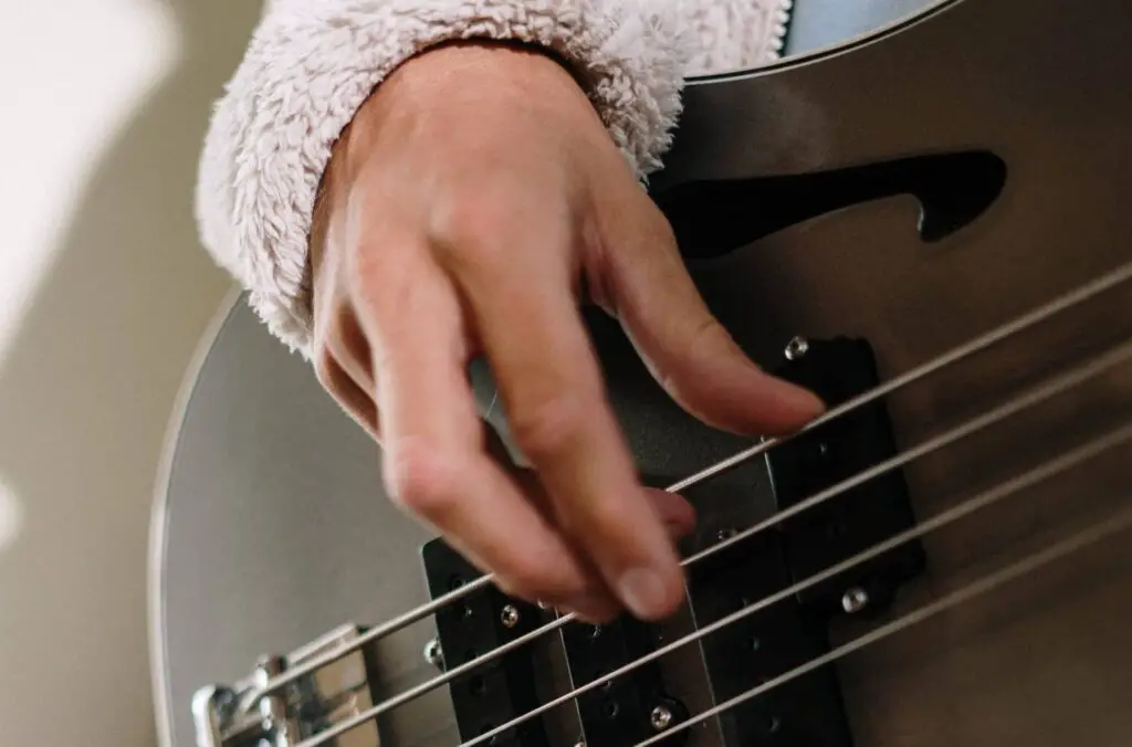 bassist muting strings with left hand on 4-string bass