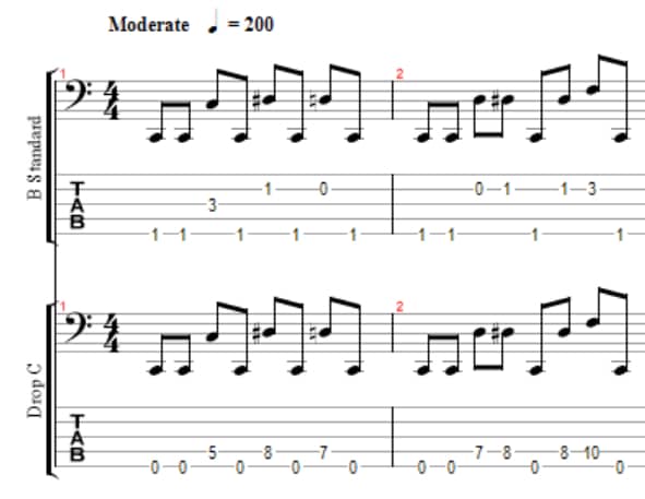 bass riff played in b standard and drop c