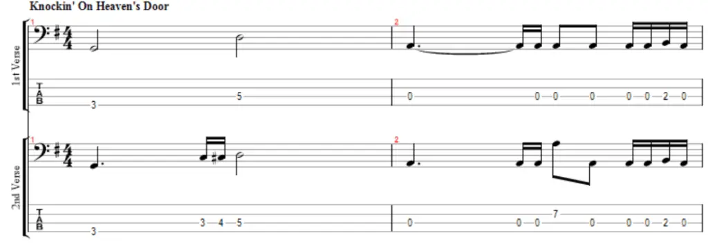 bass tab for first and second verse of knocking on heavens door by guns n roses