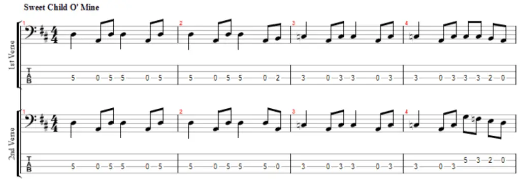 first and second verse of sweet chil o`mine by guns n roses bass notation