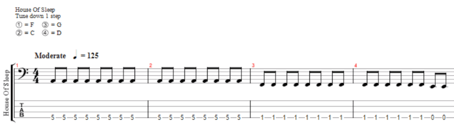 Notation for bass intro on house of sleep by amorphis