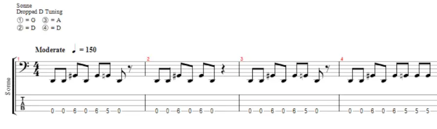 Sonne by Rammstein notation and tablature for bass guitar
