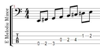 E melodic minor ascending scale tab and notation for bass guitar