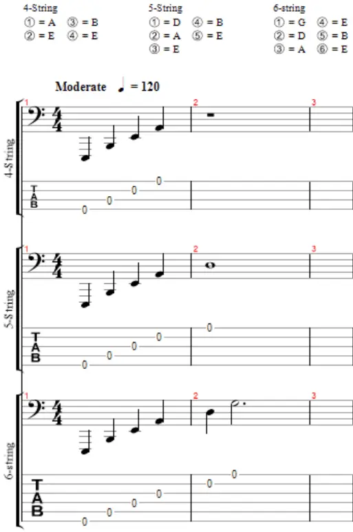 4 5 and 6 string drop E bass tuning notation and tablature