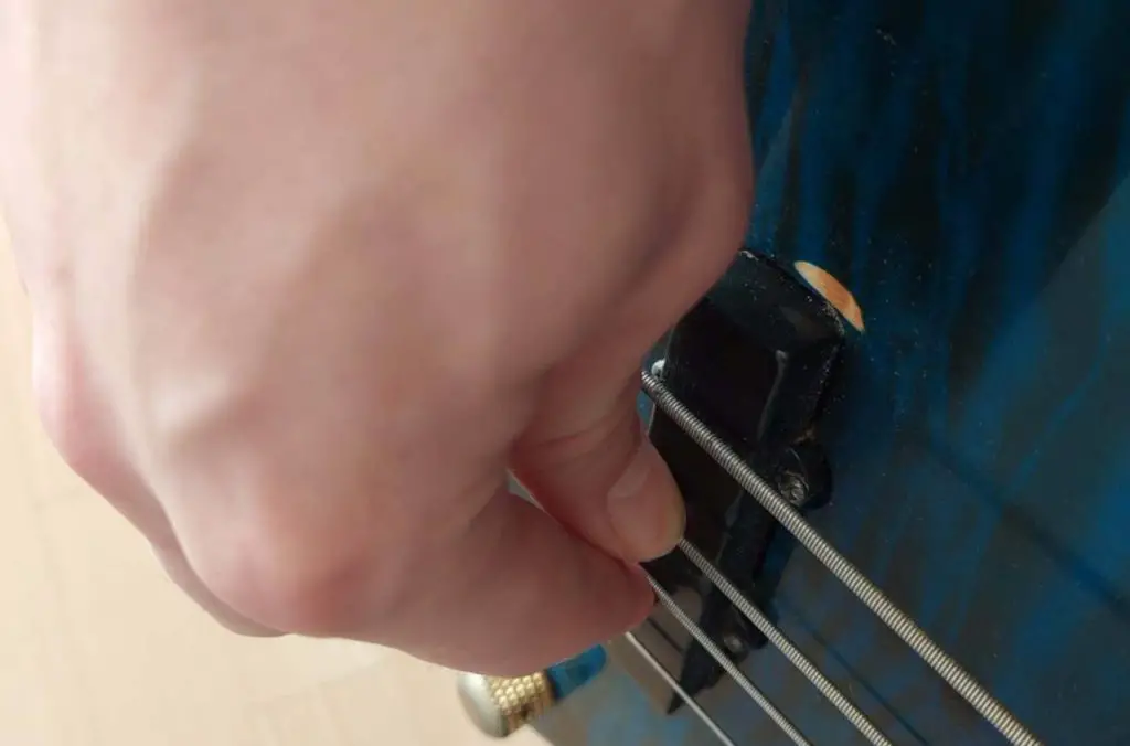 plucking hand providing bass string damping