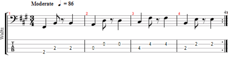 3-4 time waltz rhythm to practice on the 4-string bass