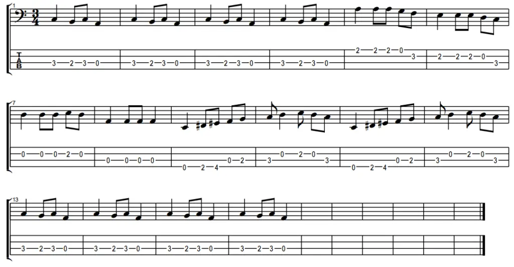 tab and notation of carol of the bells for the bass guitar