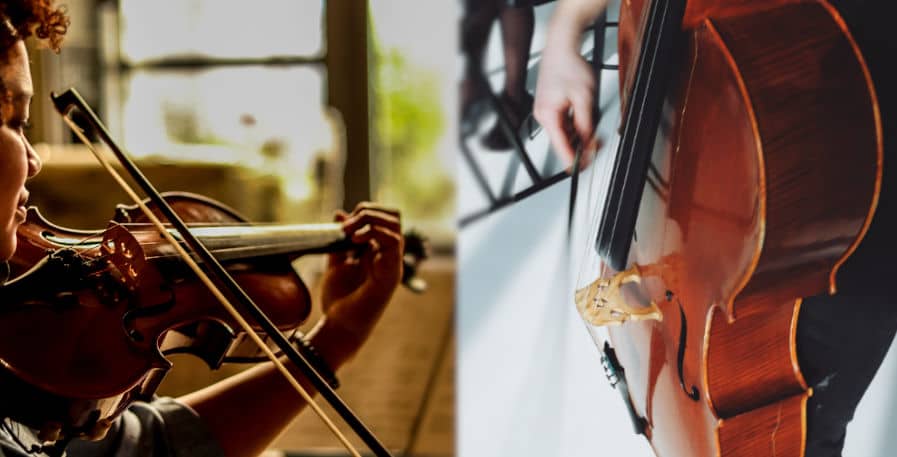 double bassist and violinist playing next to each other