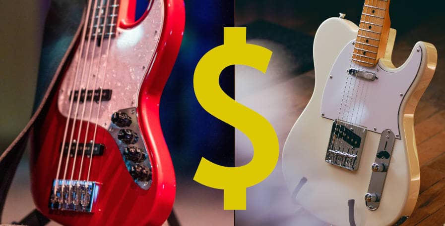 guitar and bass with dollar symbol on top of them