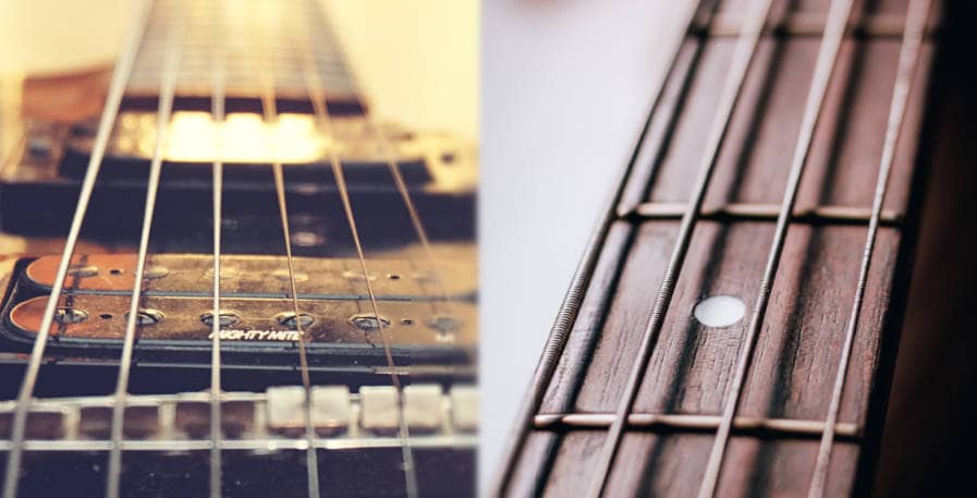 guitar strings and bass strings displayed next to one another