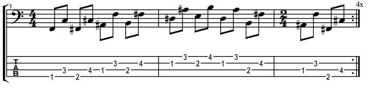bass guitar exercise for playing fifths and power chords notation