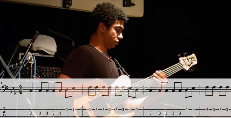 bass player playing bass line in C minor with tab