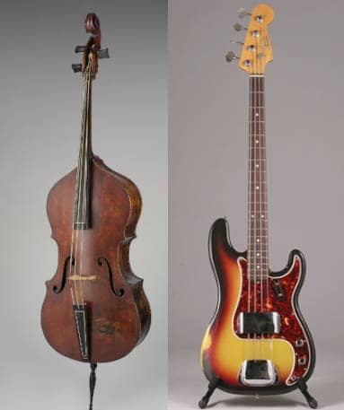 double bass and bass guitar displayed side by side