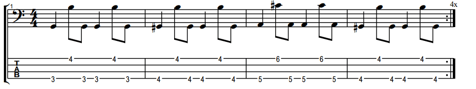 exercise tablature for playing thirds on the bass an octave higher