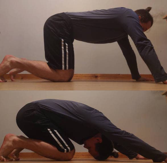 how to do a childs pose stretch to alivitae back pains from playing bass