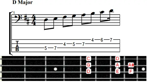 D major scale notes displayed in tab notes and fretboard of a bass
