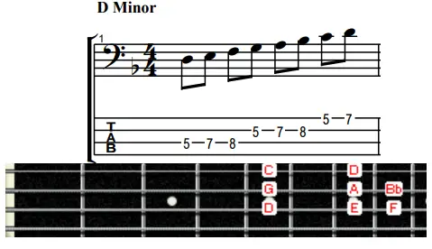 D minor scale notes displayed in tab notes and fretboard of a bass