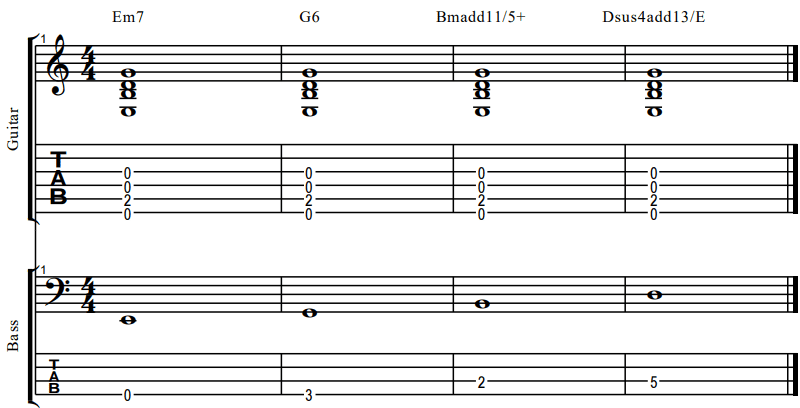 bass tab changing the function of guitar chords