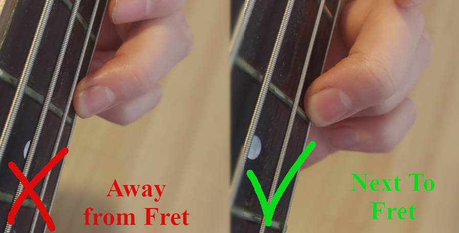 comparison of where to place fretting finger on a bass
