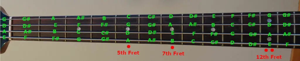 every note on the first 13 frets of a 4-string bass guitar