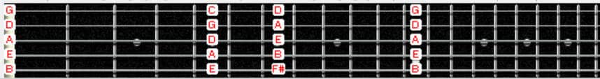 key frets displayed on 5-string bass guitar