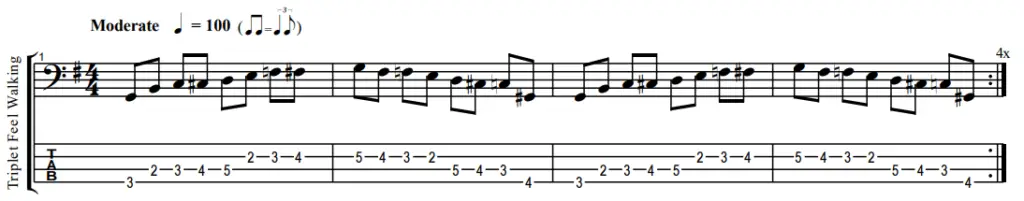 Walking bass line with triplet 8th note feel tab and notes