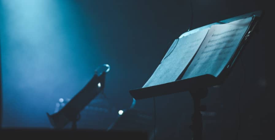 bass sheet music displayed on a stand