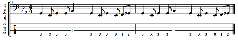 bass tab and notes for bass line that uses ghost notes in place of rests