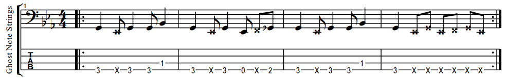 bass tabs for groove that uses long strings of ghost notes in place of the melody