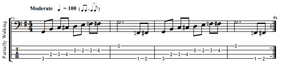 partialy walking bass line notation and tab