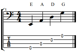 where to find E, A, D and G in bass notation
