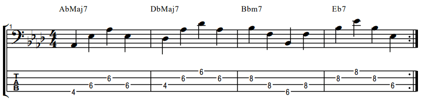 Walking bass exercise 3 for root fifths and octaves tabs and notes