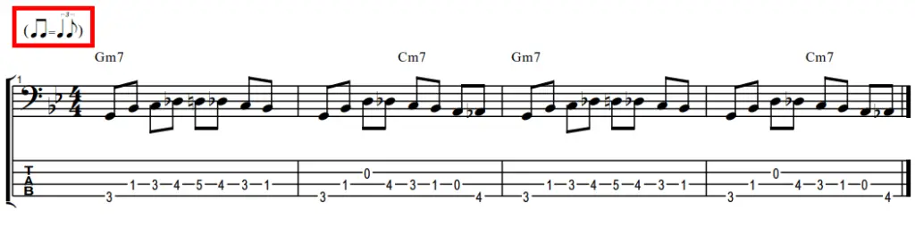 Walking bass exercise 5 tabs and notes for how to play with a triplet 8th note feel