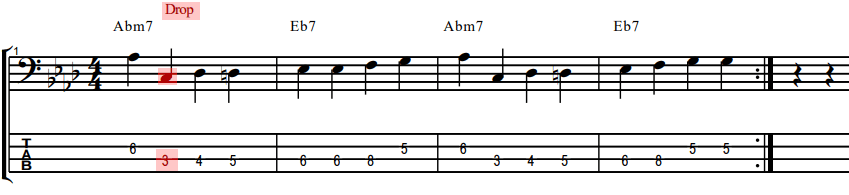 Walking bass exercise 6 notation and tablature for how to play drops and repeated notes