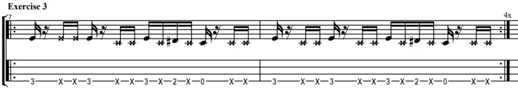 chucking exercise notes and tablature with mutes and open notes