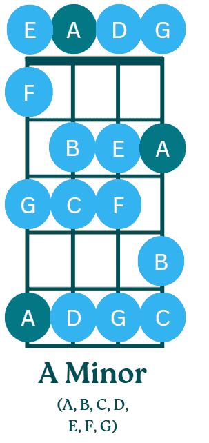 where to find every note of the a minor scale on the first 5 frets of a bass guitar